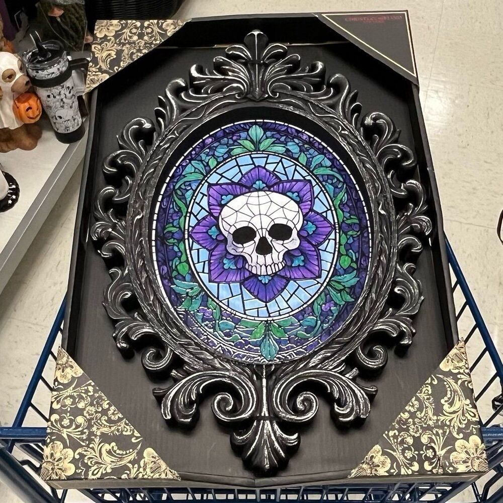 Christian Siriano Halloween Skull Stained Glass in Ornate Frame